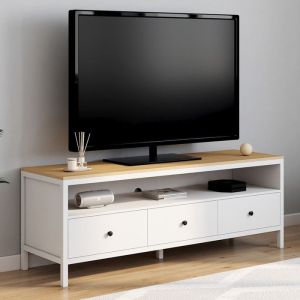 Mueble tv blanco con 3 cajones y tablero de madera - 140 cm