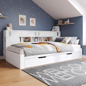 Cama 140x200cm con 2 cajones y armario corredero blanco