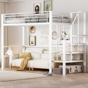 Cama alta 90x200cm metal con escalera y gran almacenaje