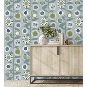 Papel pintado gaulan   de flores azules y ramas con hojas estilo 5.23m²