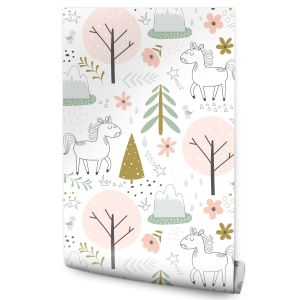 Papel Pintado No Tejido Con Niñas Unicornios Árboles Y Estrellas 53cm x 10m