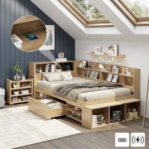 Cama infantil 90x200 cm con almacenaje y estantes de madera – color natural