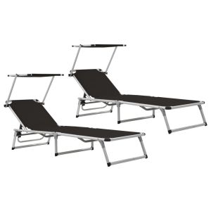 vidaXL tumbonas plegables con toldo 2 uds aluminio y textilene negro