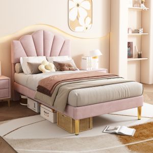 Cama tapizada 90x200 cm con cabecero ajustable terciopelo rosa