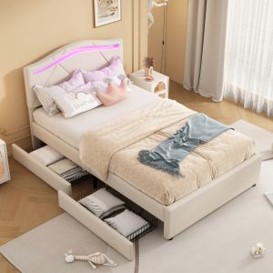 Cama tapizada 90x200cm con LED, 2 cajones y cabecero ajustable lino – beige