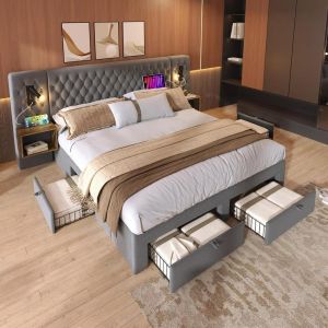 Cama 160x200cm con somier, 2 mesitas y 4 cajones, gris terciopelo