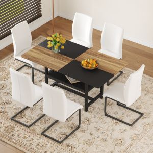 Mesa de comedor con 6 sillas y estante mdf blanco y madera 76x160x90cm
