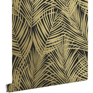 Estahome papel pintado hojas de palmera negro y oro 53 cm x 10.05 m