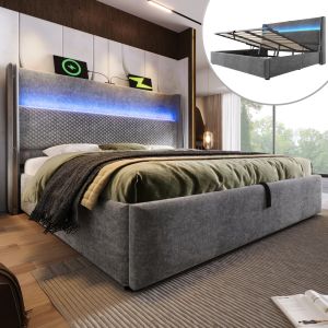Cama tapizada 180x200cm con canapé, LED y usb tipo c lino – color gris