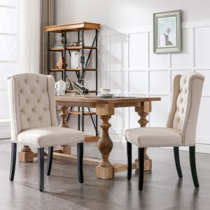 Silla de comedor terciopelo beige set 2 con patas roble curvo