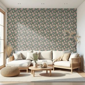 Papel floral artístico flores rosa fondo verde oscuro 60cm por 250cm