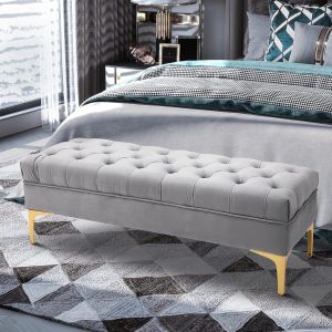 Banco tapizado de terciopelo gris claro con patas doradas 118 x 45 x 42 cm