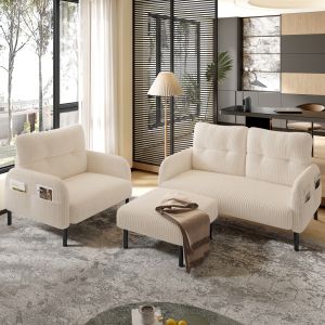 Conjunto de sofá 3 piezas pana beige, sofá 2 plazas, sillón y puff