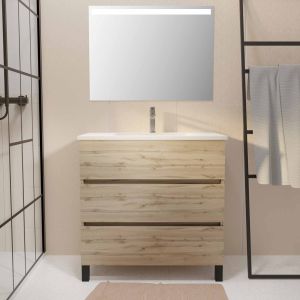 Mueble baño 80x80 cm roble cajones + lavabo blanco + espejo LED