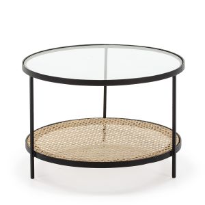 Mesa de centro 66x66x45 cristal, ratan, metal negro