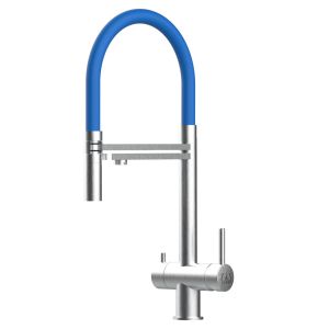 Grifo de cocina 4 vías acero inox ducha 2 chorros, cepillado/azul