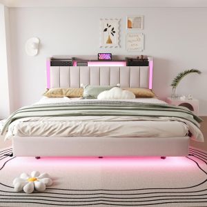 Cama doble tapizada con LED usb y almacenaje 160x200cm beige