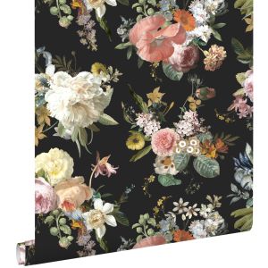 Estahome papel pintado flores vintage negro 53 cm x 10.05 m
