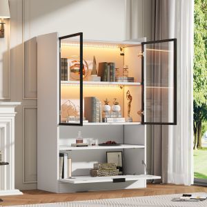 Vitrina con LED 2 puertas de cristal y puerta abatible blanca 120x80x35cm