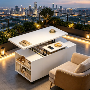 Mesa de centro elevable con ruedas y cajón blanca 53x100x50,5cm