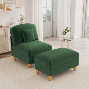 Sillón individual de chenilla verde con otomana y funda desmontable