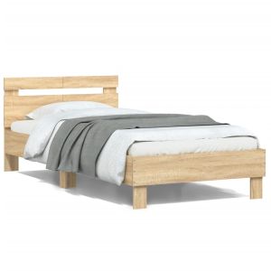 Cama cabecero luces LED roble sonoma 100x200 cm reg9015