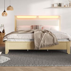 Cama tapizada 140x200cm LED almacenaje madera pana beige con colchón