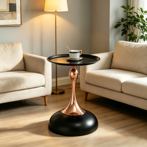 Mesa auxiliar redonda para salón dormitorio acero negro y dorado