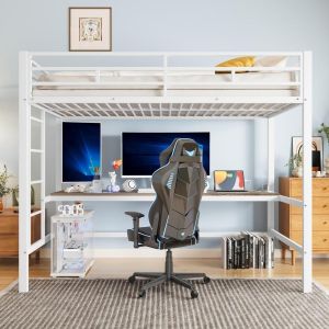 Cama alta infantil 90x200cm, escritorio, LED, usb, enchufe, blanca