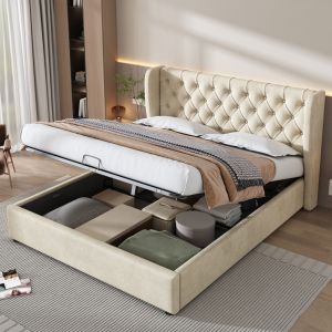 Cama con base elevable 140x190cm en terciopelo beige con almacenaje oculto