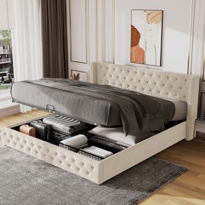 Cama 180x200cm con canapé hidráulico en terciopelo suave – beige