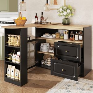 Aparador giratorio extensible con 2 cajones negro 104x138-204x39cm