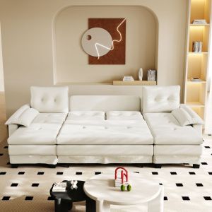 Sofá cama en u chenilla beige 4 plazas con usb
