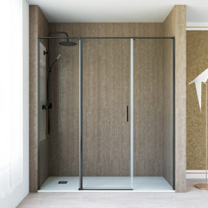 Mampara ducha 1 puerta abatible 2 fijos 170cm transparente negro