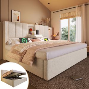 Cama tapizada 140x200cm con almacenaje y carga usb lino – color beige