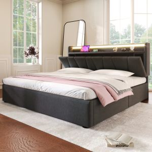 Cama tapizada 140x200cm con almacenaje y LED lino – gris