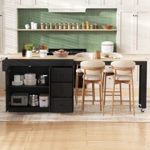 Isla de cocina con encimera extensible y 3 cajones negro 93x112-186,8x45cm