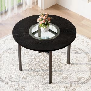 Mesa de comedor redonda para 2 a 4 personas negra con cristal y metal 100cm