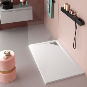 Plato de ducha resina trinity blanco  70x90 cm rejilla inox a la derecha