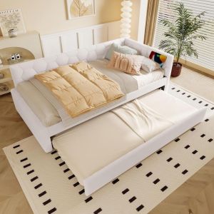 Sofá cama 90x200cm con somier de lamas, lámpara y usb-c, blanco