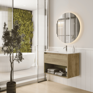Mueble baño suspendido con lavabo cerámico 1caj+1hueco 70 cm roble natural