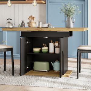 Mesa extensible mdf negro y natural con almacenaje 110-140 cm