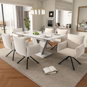 Conjunto de mesa y sillas mdf blanco extensible 6 sillas beige giratorias