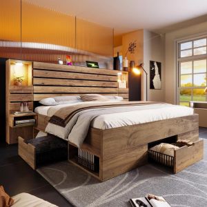 Cama 180x200 cm con LED, usb, 3 cajones y mesas, metal, sin colchón