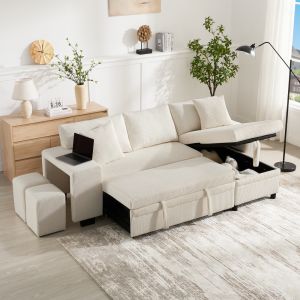 Sofá cama en l convertible de pana beige 3 4 plazas con usb y almacenaje