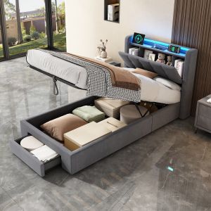 Cama 90x200cm canapé hidráulico cajón LED enchufe cabecero reversible gris