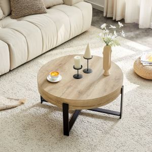 Mesa de centro redonda estilo industrial madera natural y negro 36x68x68cm