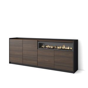 Aparador, 207x37x80cm, roble oscuro y negro, chimenea eléctrica rf4275