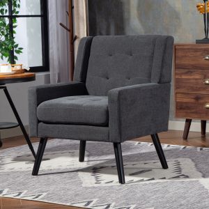 Sillón individual lino gris oscuro compacto con capitoné y patas de madera