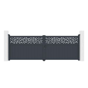 Puerta batiente dolomite ruivo 4x1,4 m + puerta peatonal + 4 postes